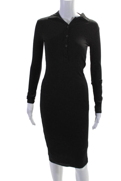 Enza Costa Womens Long Sleeve Collared Ribbed Shirt Dress Black Size Extra Small