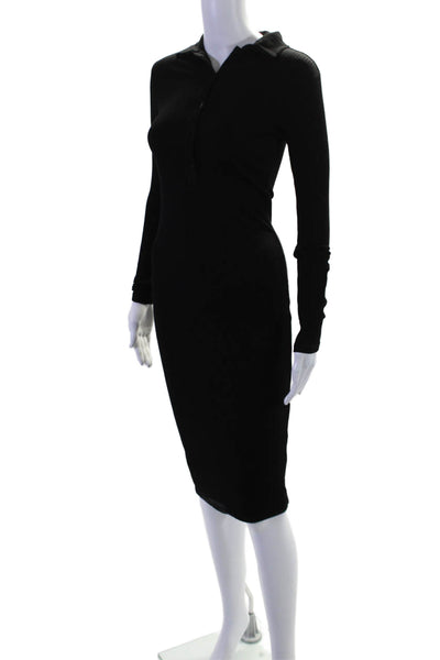 Enza Costa Womens Long Sleeve Collared Ribbed Shirt Dress Black Size Extra Small