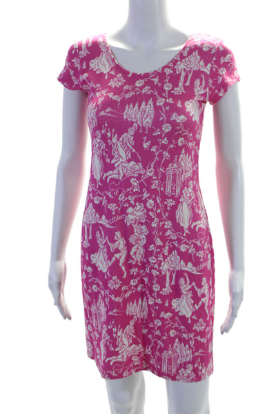 Leggiadro Womens Short Sleeve Scoop Neck Floral Dress Pink White Size 2