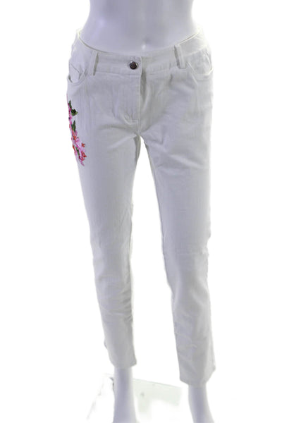 Elliott Lauren Womens Mid Rise Floral Embroidered Straight Leg Jeans White 2