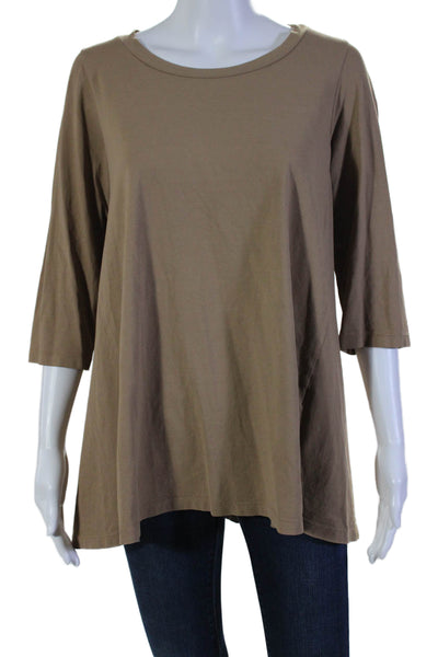 Labo.Art Womens 3/4 Sleeve Scoop Neck Oversized Tee Shirt Brown Cotton Size 2