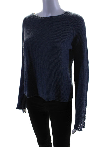 Autumn Cashmere Womens Cashmere Long Sleeve Ribbed Thin Knit Sweater Blue Size S