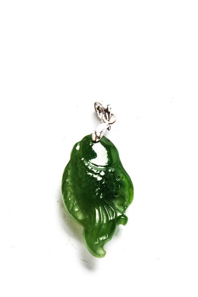 Designer Womens Silver Tone Carved Green Jade Fish Pendant 3g