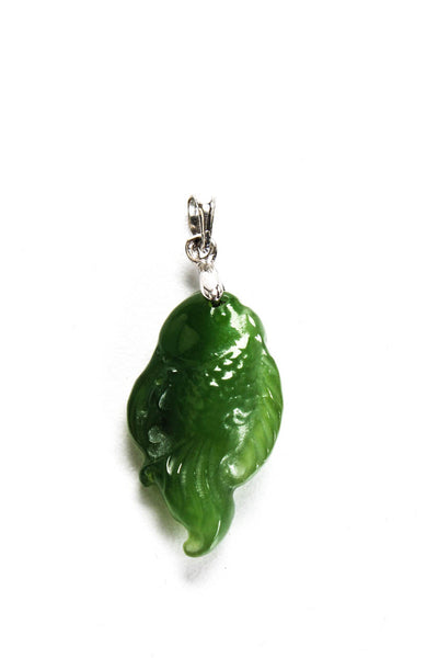 Designer Womens Silver Tone Carved Green Jade Fish Pendant 3g