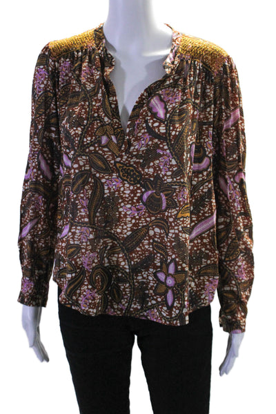 Xirena Womens Abstract Print Long Sleeves Blouse Brown Cotton Size Extra Small