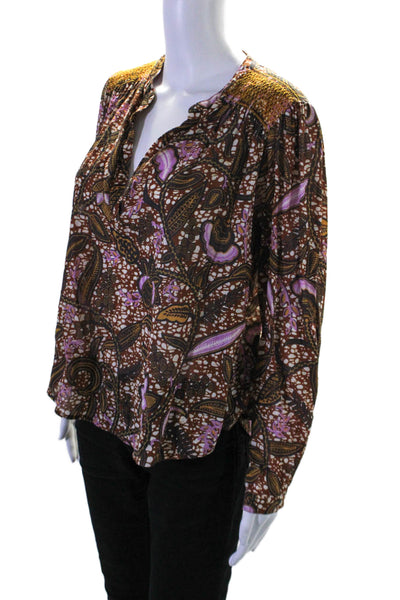 Xirena Womens Abstract Print Long Sleeves Blouse Brown Cotton Size Extra Small