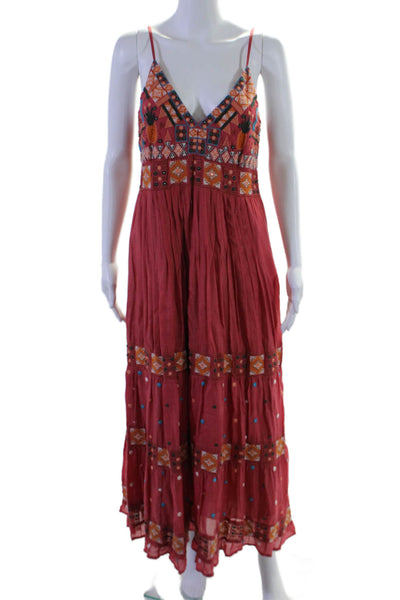 Guadalupe Womens Cotton Red Embroidered Print Sleeveless Maxi Dress Size L