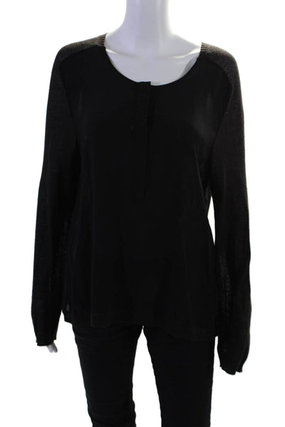 Rag & Bone Womens Silk Front Black Henley Neck Long Sleeve Blouse Top Size L