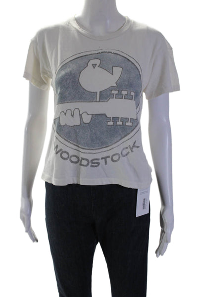 Made Worn Womens Short Sleeve Crew Neck Woodstock Tee Shirt White Size Small