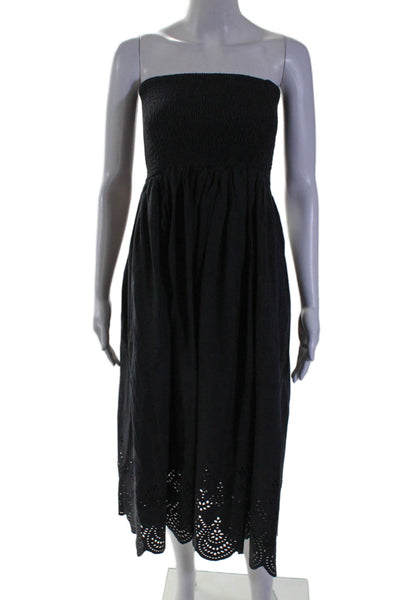 Solid & Striped Womens Strapless Smocked Eyelet Midi Dress Black Cotton Size XS