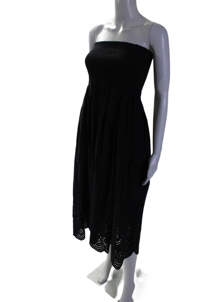 Solid & Striped Womens Strapless Smocked Eyelet Midi Dress Black Cotton Size XS