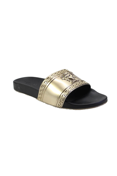 Versace Mens Rubber Metallic Greca Medusa Slide Sandals Gold Tone Size 43