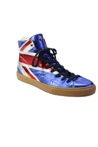 Gucci Mens Lace Up Metallic Union Jack High Top Sneakers Red White Blue Size 9