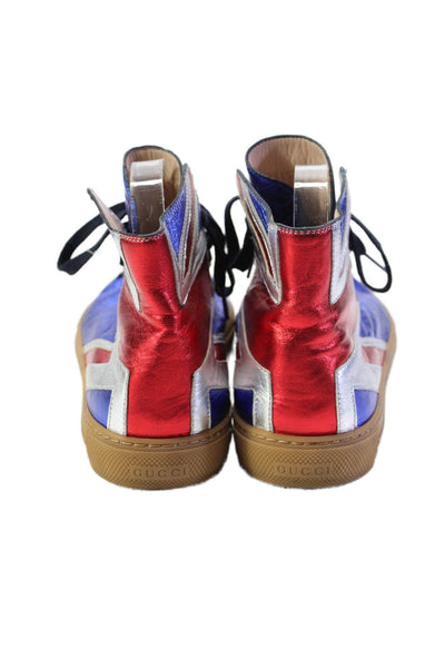 Gucci Mens Lace Up Metallic Union Jack High Top Sneakers Red White Blue Size 9