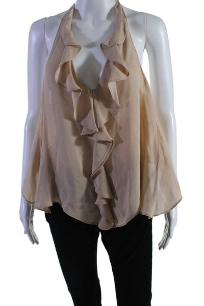 Emerson Thorpe Womens Silk Sleeveless Open Back Ruffled Blouse Beige Size S