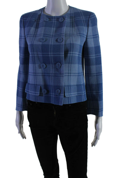 Akris Womens Long Sleeve Double Breasted Crew Neck Plaid Jacket Blue Wool Size 4