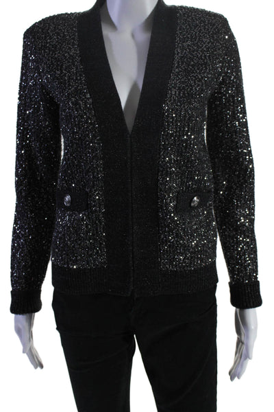 L Agence Womens Open Front Sequin Metallic Knit Cardigan Sweater Gray Size 2XS