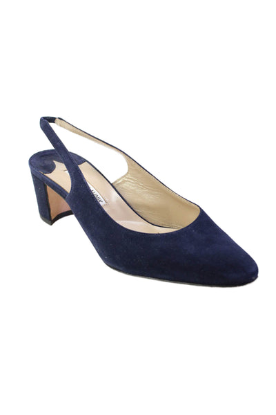 Manolo Blahnik Womens Block Heel Pointed Slingback Pumps Navy Suede Size 37.5