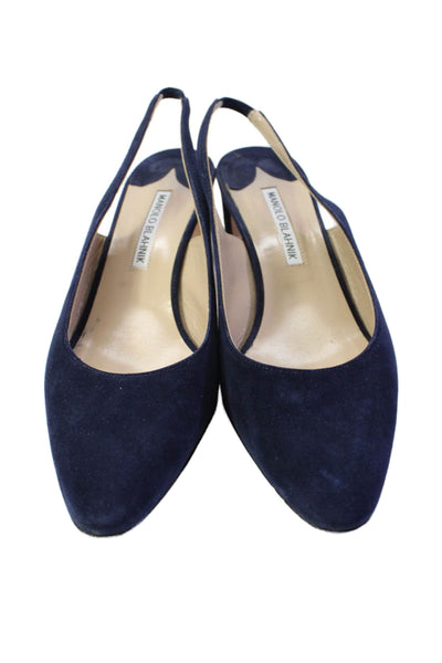 Manolo Blahnik Womens Block Heel Pointed Slingback Pumps Navy Suede Size 37.5