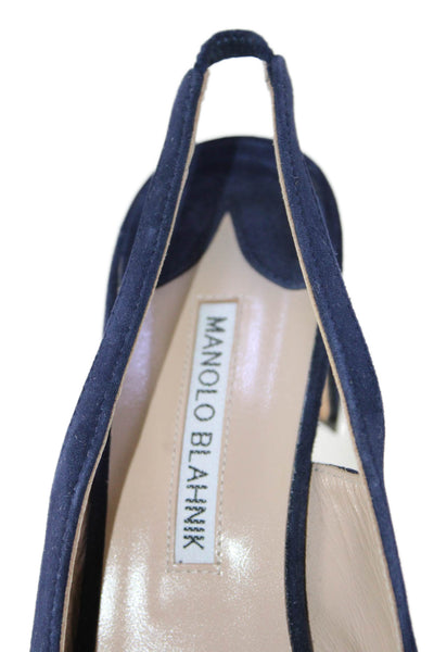 Manolo Blahnik Womens Block Heel Pointed Slingback Pumps Navy Suede Size 37.5