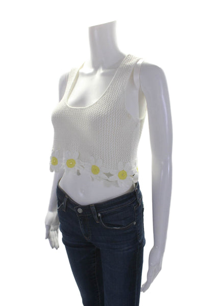 Staud Womens Linen Blend White Floral Scoop Neck Sleeveless Crop Top Size S