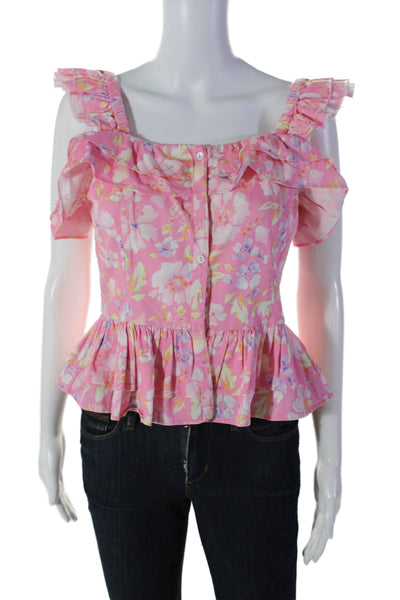 Love Shack Fancy Womens Cotton Pink Floral Ruffle Detail Blouse Top Size S