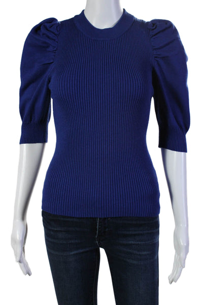 En Saison Womens Ribbed Puffy 3/4 Sleeves Crew Neck Sweater Blue Size Small