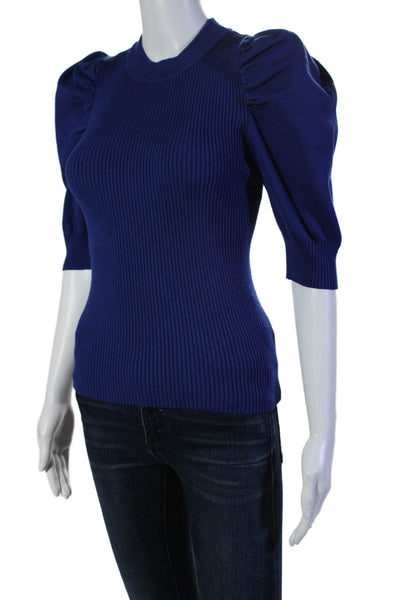 En Saison Womens Ribbed Puffy 3/4 Sleeves Crew Neck Sweater Blue Size Small