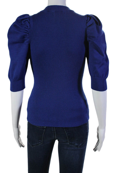 En Saison Womens Ribbed Puffy 3/4 Sleeves Crew Neck Sweater Blue Size Small