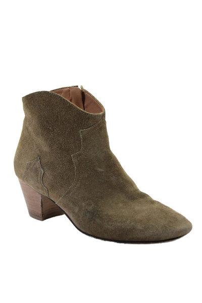 Isabel Marant Womesn Suede Stacked Heel Zip Up Ankle Booties Olive Size 40