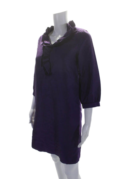 Kate Spade Womens Ruffled Long Sleeved V Neck Buttoned Dress Purple Size XS