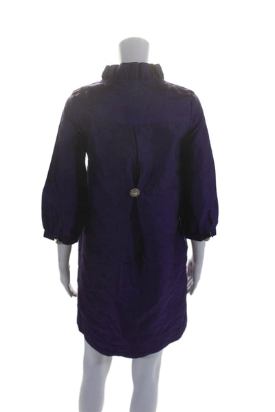 Kate Spade Womens Ruffled Long Sleeved V Neck Buttoned Dress Purple Size XS