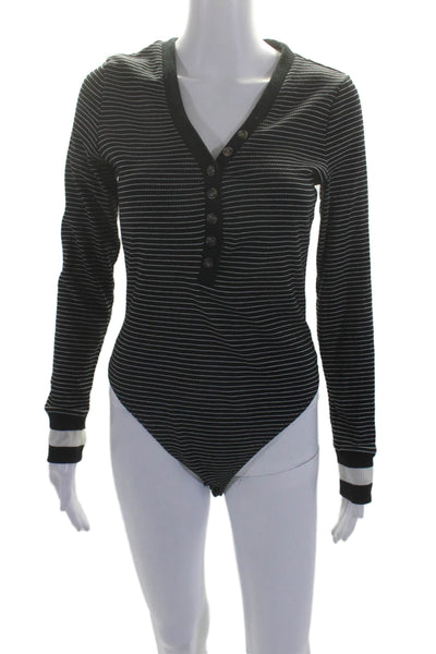 La Ligne Womens Textured Long Sleeve Button Up Striped Bodysuit Top Black Size M