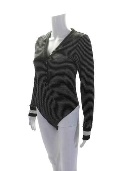 La Ligne Womens Textured Long Sleeve Button Up Striped Bodysuit Top Black Size M