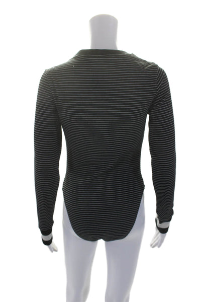 La Ligne Womens Textured Long Sleeve Button Up Striped Bodysuit Top Black Size M