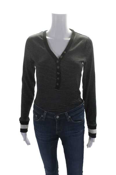 La Ligne Womens Textured Long Sleeve Button Up Striped Bodysuit Top Black Size M