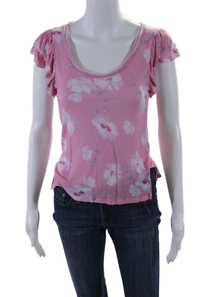 Love Shack Fancy Womens Pink Floral Ruffle Detail Cap Sleeve Blouse Top Size M