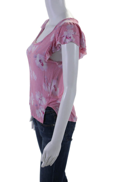 Love Shack Fancy Womens Pink Floral Ruffle Detail Cap Sleeve Blouse Top Size M