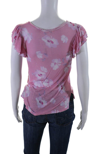 Love Shack Fancy Womens Pink Floral Ruffle Detail Cap Sleeve Blouse Top Size M