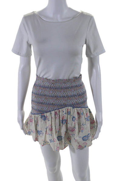 Love Shack Fancy Womens Cotton Beige Blue Floral Smocked Mini Skirt Size XS