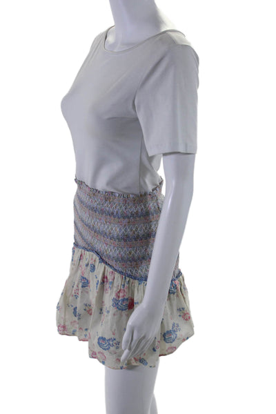 Love Shack Fancy Womens Cotton Beige Blue Floral Smocked Mini Skirt Size XS