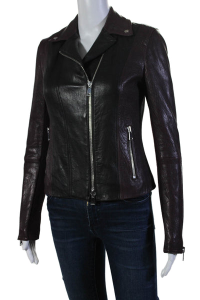 Vince Womens Leather Zipper Closure Motorcycle Jacket Purple Black Size Extra Sm