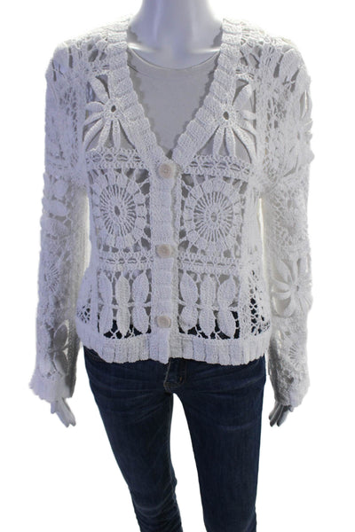 Brand Bazar Womens Cotton Open Knit Crochet Button Down Cardigan White Size OS