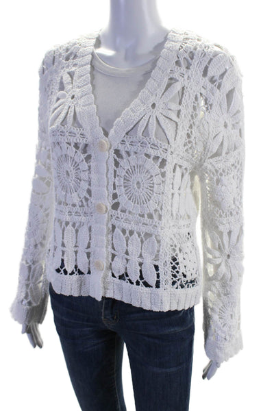 Brand Bazar Womens Cotton Open Knit Crochet Button Down Cardigan White Size OS