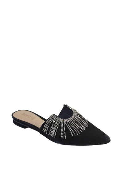 Schutz Womens Suede Pointed Toe Rhinestone Fringe Trim Mule Flats Black Size 7