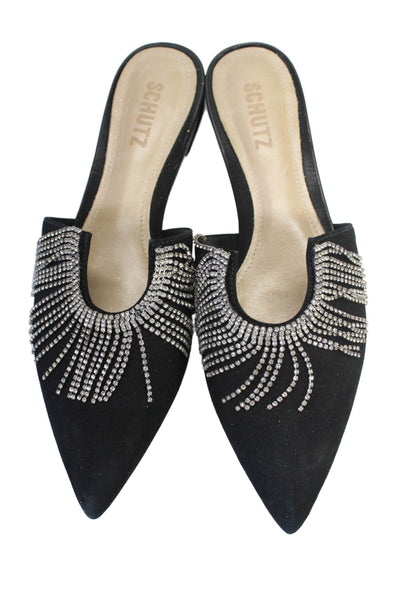 Schutz Womens Suede Pointed Toe Rhinestone Fringe Trim Mule Flats Black Size 7