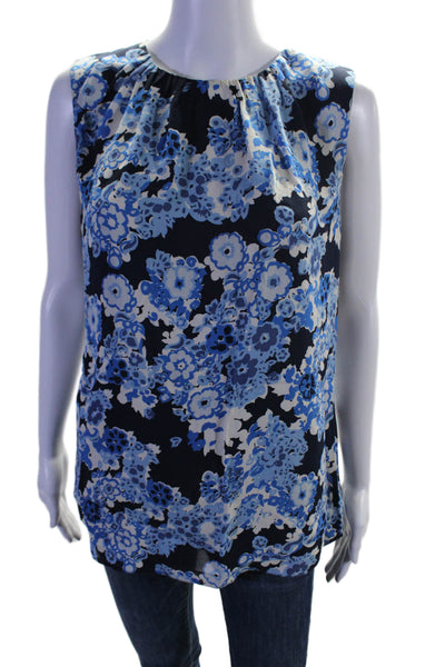 Tory Burch Womens Silk Floral Round Neck Sleeveless Blouse Top Blue Size 10