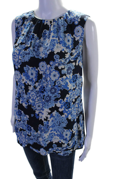 Tory Burch Womens Silk Floral Round Neck Sleeveless Blouse Top Blue Size 10