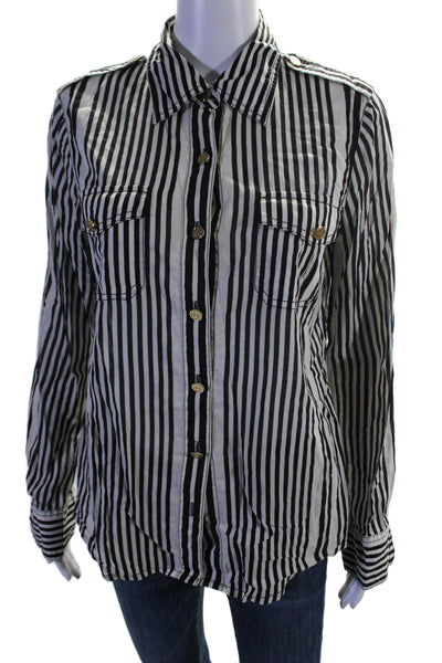 Tory Burch Womens Cotton Striped Collared Button Up Blouse Top Black Size 10