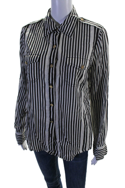 Tory Burch Womens Cotton Striped Collared Button Up Blouse Top Black Size 10